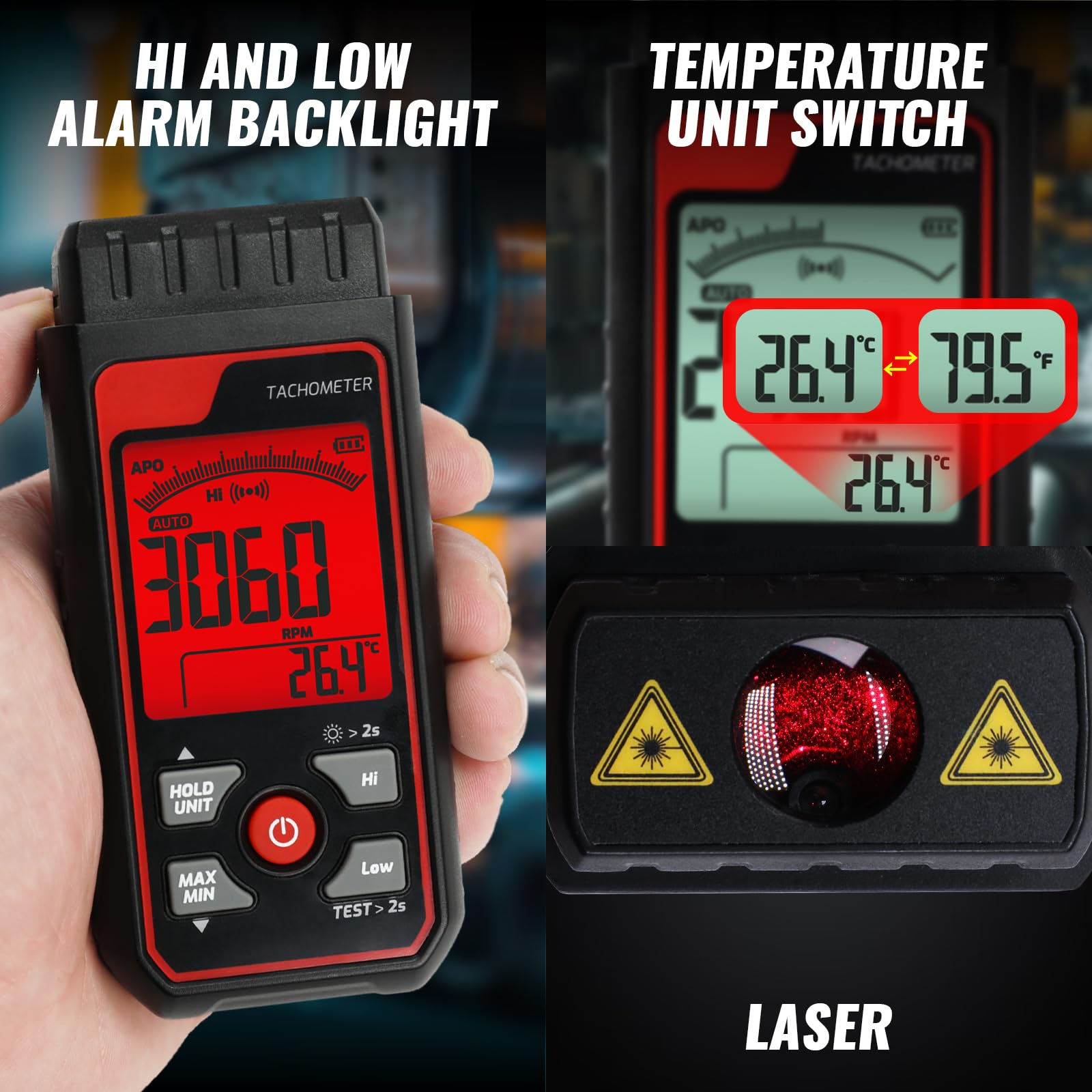 Tachimetro Digitale Sensore Fotografico Laser Senza Contatto Tachimetro di Velocità di Rotazione, Gamma da 2,5 a 99999 giri/min Alta Precisione con Funzione di Allarme Retroilluminazione Scala a Barre