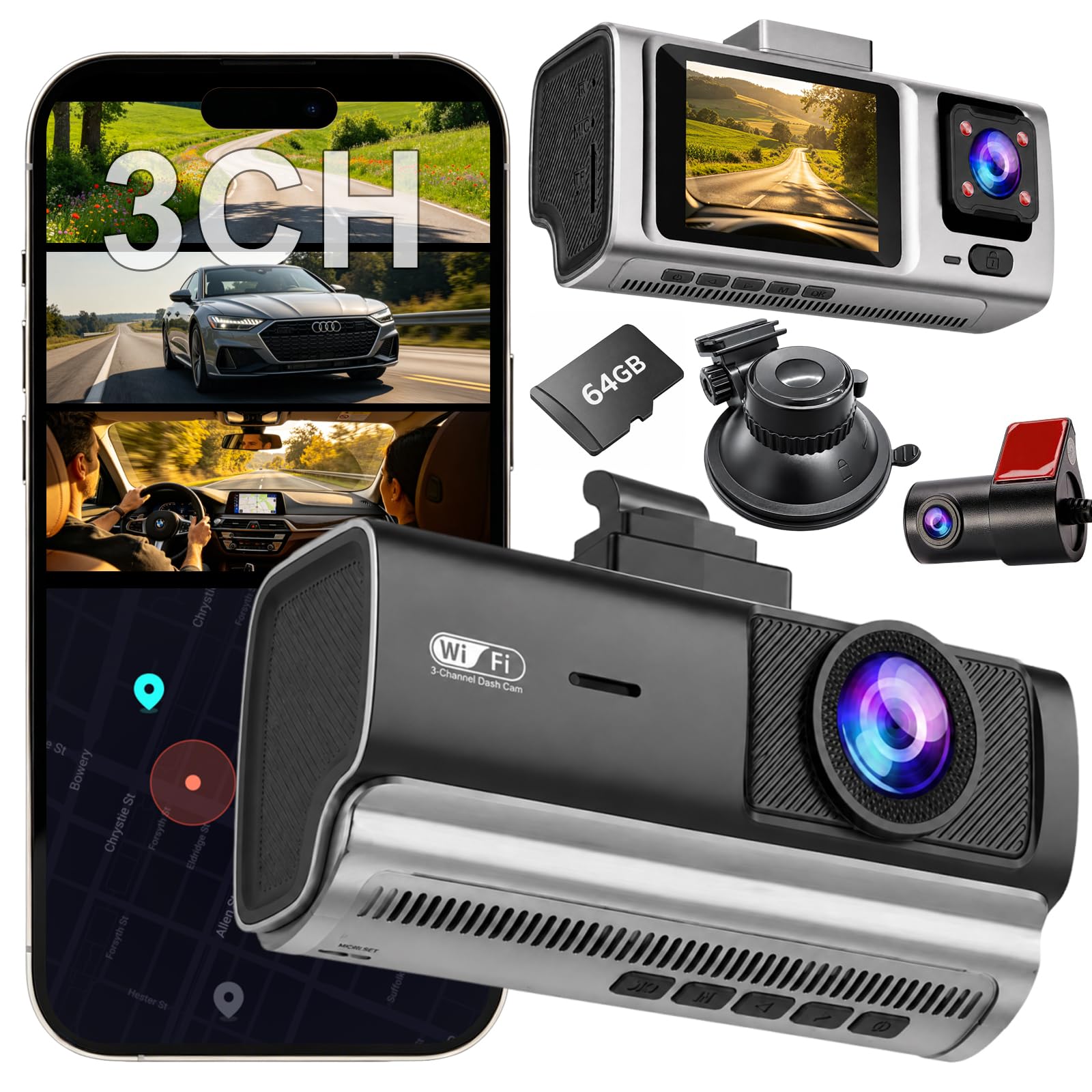 3 Channel Dash Cam Front and Rear Inside,Dash Camera for Cars