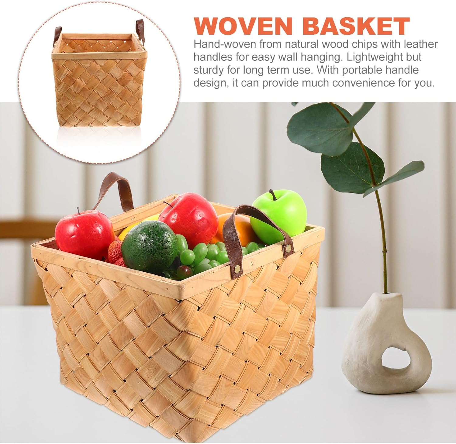 Handmade Large Fruit Storage Basket with Handle, Woven Vegetable and Fruit Hanging Basket for Kitchen and Outdoor Use, Multi-purpose Sundries Organizer