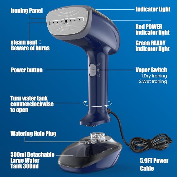 NTAYDZSW 1800W Handheld Garment Steamer for Clothes, 20s Fast Heat-Up Portable Travel Steamer, 300ml Water Tank, Anti-Leak Fabric Wrinkle Remover with Auto-Off for Home and Office