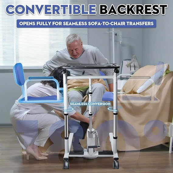 Ceridwen Patient Lift Transfer Chair for Elderly,4-in-1 Lift Hydraulic Transfer Chair with Height Adjustable via Hydraulic Pedal,180Split Seat,440 lbs Weight Capacity for Elderly (Blue, Dual Beam)