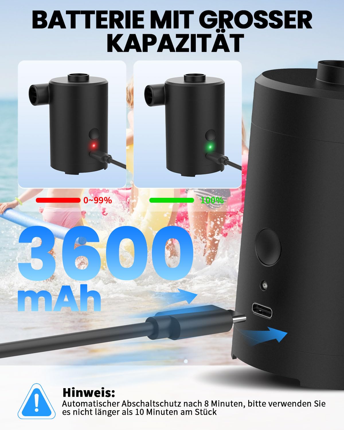 Elektrische Luftpumpe für Luftmatratze,3600mAh Akku Wiederaufladbar,Schnelles Auf- und Abpumpen,mit 5 Düsen für Schwimmbecken, Luftmatratzen, Camping & Reisen
