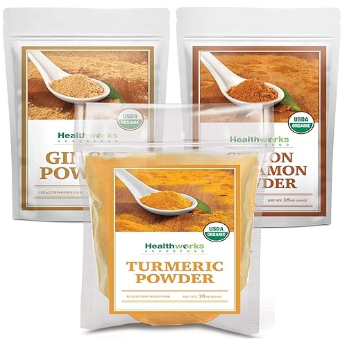 Healthworks Polvo de cúrcuma polvo de jengibre y canela en polvo 16 onzas 1 libra - Certificado orgánico - Paquete de especias
