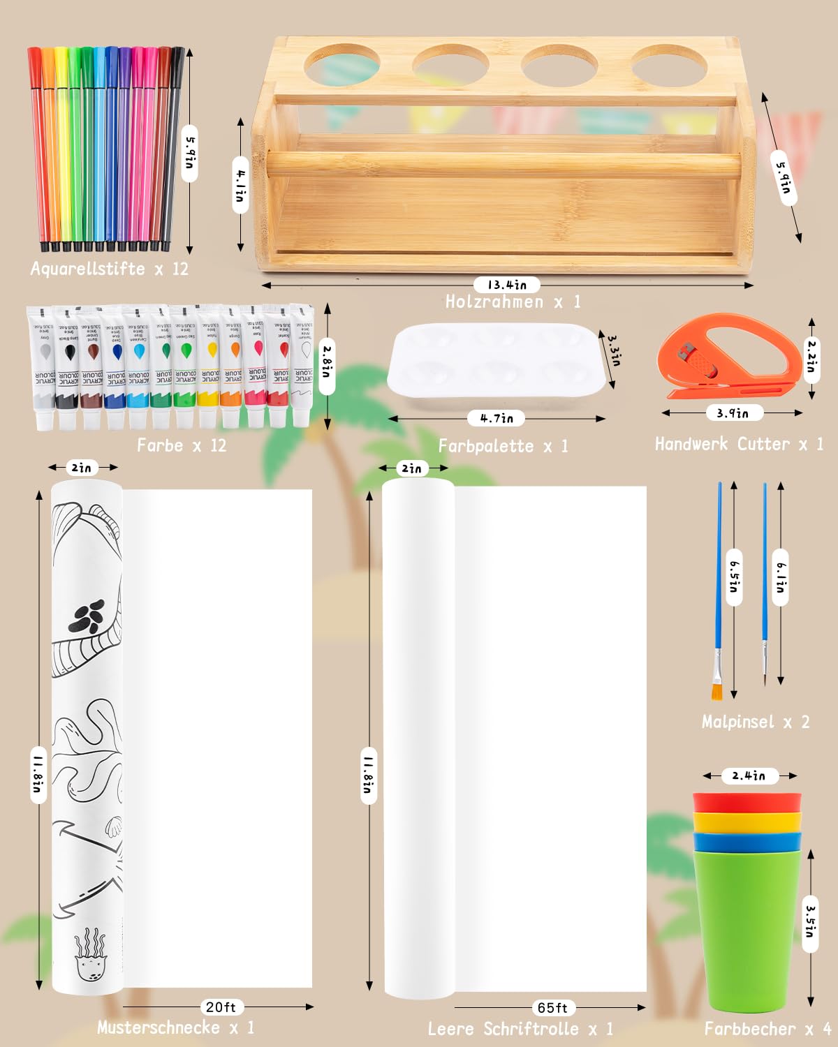Tisch Malpapier Kinder Maltischdecke mit Holzhalter – Rutschfestes Kreativ-Set mit Farben, Pinseln & Papierrolle Malen Kinder – 35-teilig – Fördert Selbstständigkeit in Schule & Zuhause