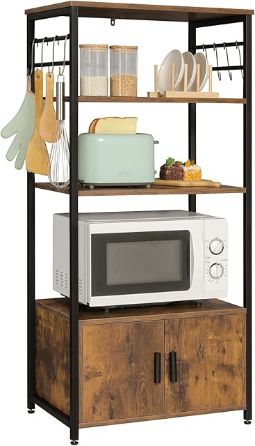 IWELL Baker's Rack with Storage Cabinet & 8 Hooks, 4 Tier Microwave Oven Stand with 3 Kitchen Shelves, Microwave Cabinet for Kitchen, Rustic Brown