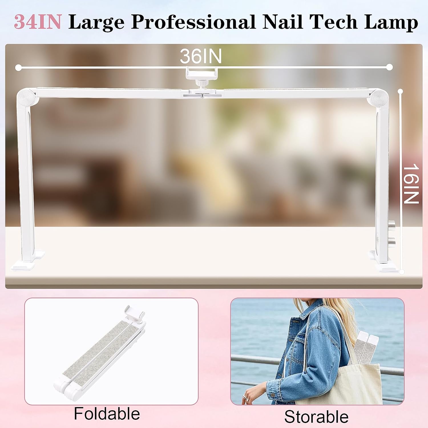 Nail Tech Lamp for Desk, 34 in Large Half Moon Light with Phone Holder, 48W Brightness Adjustable Lash ARC Light for Manicure, Tattoo, Spa, Salon, 3000K-6000K LED Manicure Lamp
