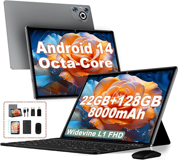 Tablet 10 pollici Android 14, 22GB RAM 128GB ROM/TF 1TB, Octa-Core, 8000mAh, Corpo in Metallo, Face ID, Doppio WiFi, 8MP+5MP, Widevine L1, Protezione Occhi, Tastiera, Mouse, Blue - 1