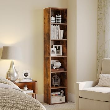 MXV Narrow Bookshelf, 6-Tier Open Bookcase, Coner Shelf, Storage Shelves, Display Storage Shelves, Floor Standing Unit, Home Decor, Furniture for Home Office, Living Room, Bedroom, Brown