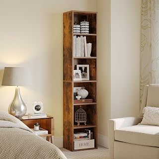 MXV Narrow Bookshelf, 6-Tier Open Bookcase, Coner Shelf, Storage Shelves, Display Storage Shelves, Floor Standing Unit, Home Decor, Furniture for Home Office, Living Room, Bedroom, Brown