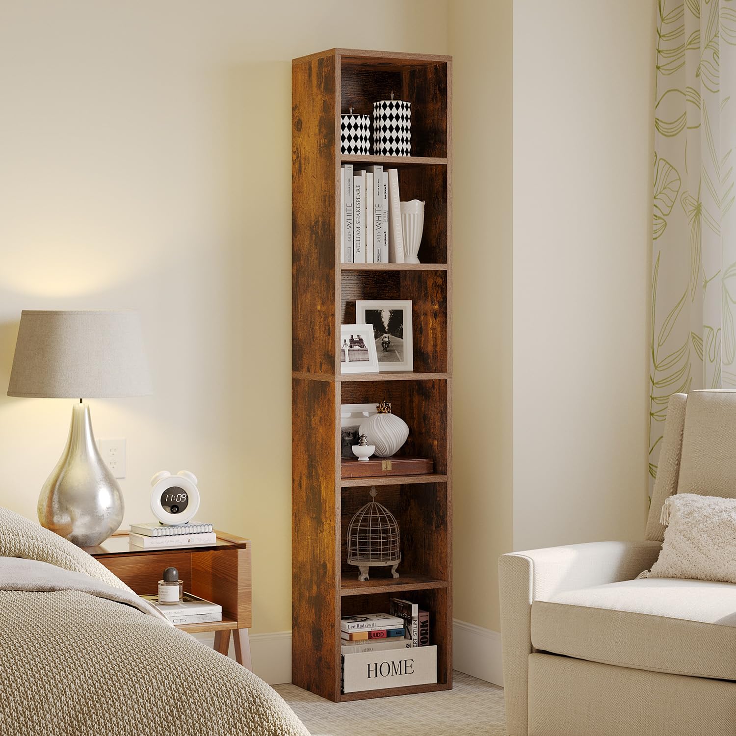 oneinmil Estantería de Libros,Estantería Columna Vertical con 6 Cubos,Estantería,Organizador con Compartimentos,para Oficina,Sala de Estar,Salón,Dormitorio,23.5 x 30 x 181 cm,Marrón