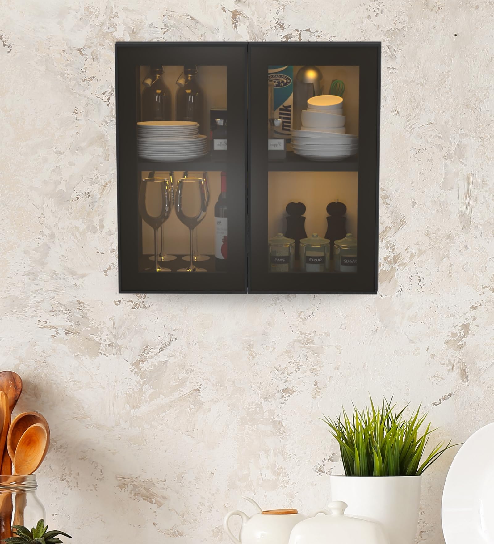 SPECIALITY PANELS Aluminium Black Profile 2 Door Wall Cabinet | Brown Tinted Glass Handless Shutters | Wall Mounted Kitchen Storage Cupboard | Modern Space Saving Organizer (Slate Grey Finish)-image-40