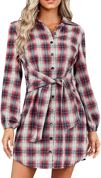 ASHER FASHION Womens Plaid Dress Womens Casual Long Sleeve Shirt Dress Tie Front Button Down Short Dress