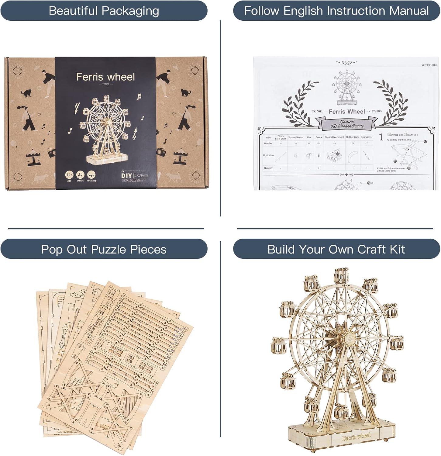 Rowood 3D Puzzles for Adults, Model Kits for Adults, Wooden Music Box,DIY Craft Kits Gifts on Birthday Christmas - Ferris Wheel (232 PCS)