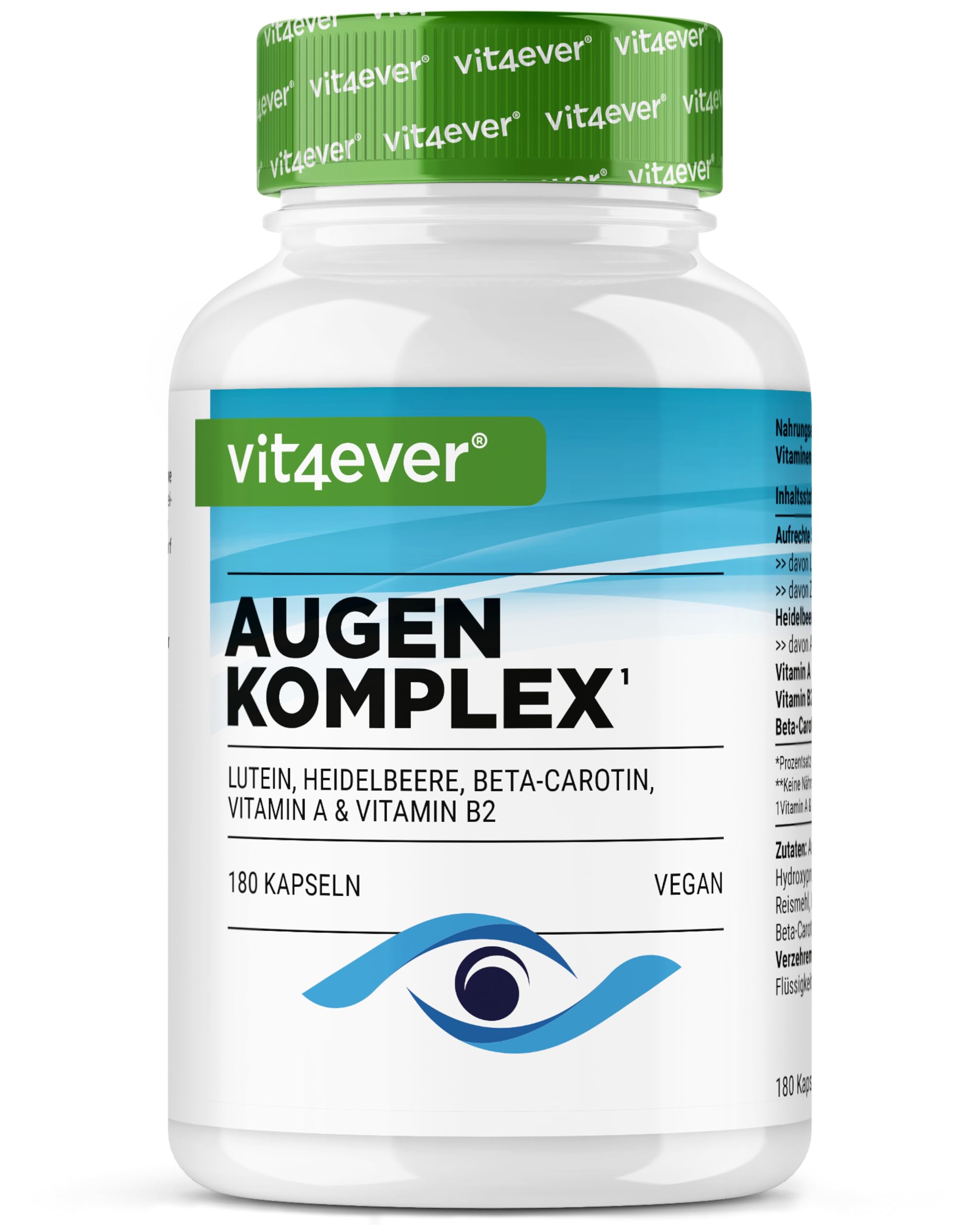 Complejo Vitamínico para los Ojos - 180 cápsulas para 6 meses con Luteína, Zeaxantina, extracto de Arándano, Betacaroteno, Vitamina A y Vitamina B2 - Vegano, alta dosis, sin aditivos inútiles