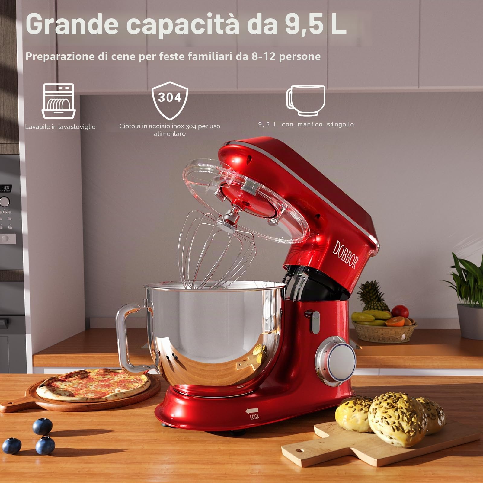9.5Litri Impastatrice planetaria, DOBBOR 1500W Robot da Cucina con ciotola di acciaio inossidabile, 7 velocità con Gancio per Impastare, Frusta, Sbattitore, Ciotola e Coperchio (Rosso)