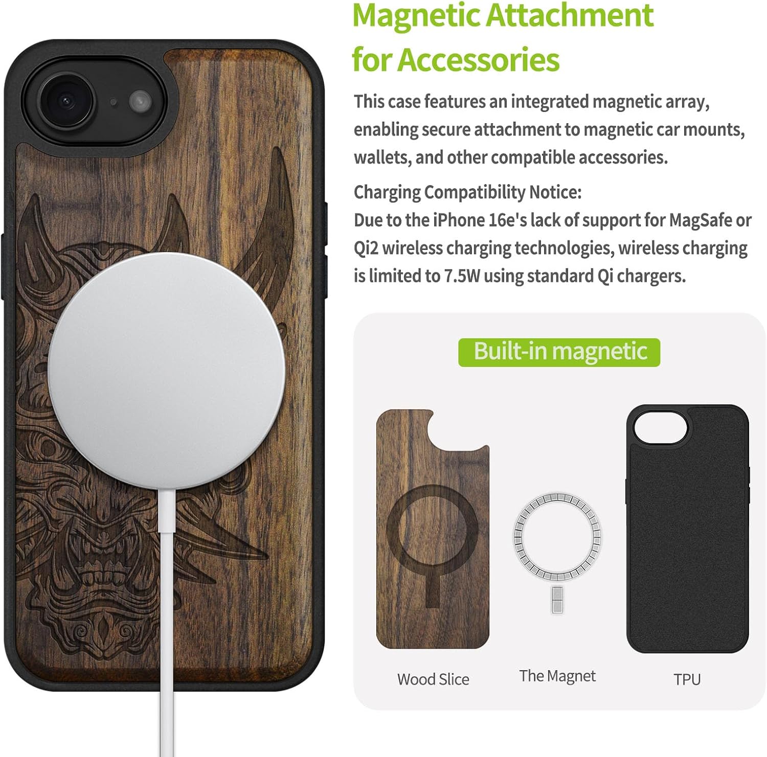 Carveit Magnetic Wooden Case for iPhone 16e / 17e, Solid Wood & Black TPU, Artisan Engraved Design, Shockproof Cover, Compatible with MagSafe Wireless Chargers, Japanese Oni Mask - Walnut