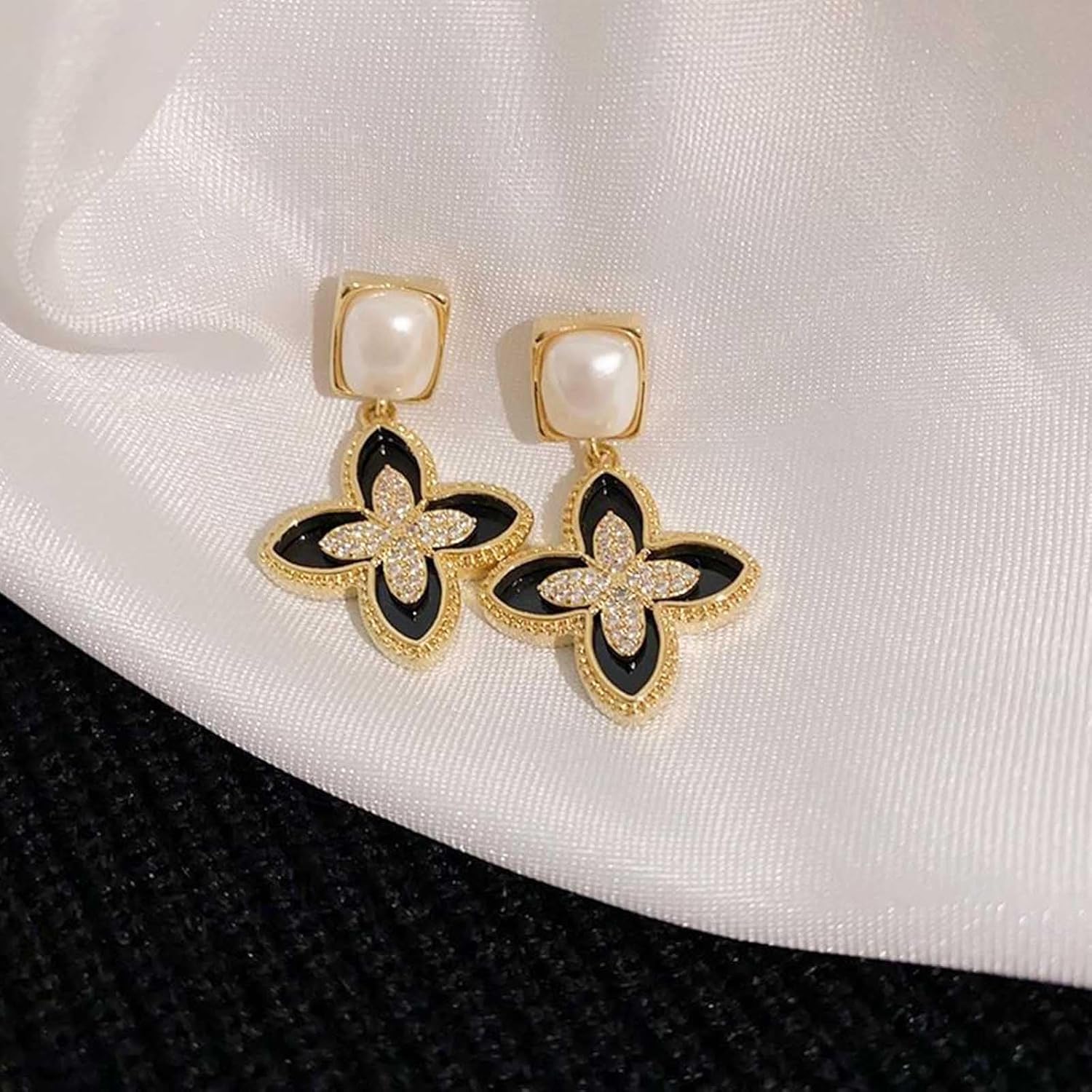 W WEILIRIAN Vintage Pearl Flower Earrings Four Leaf Flower Dangle Earrings Pearl Stud Earrings Black Flower Drop Earrings Jewelry for Women and Girls Gifts - Image 5