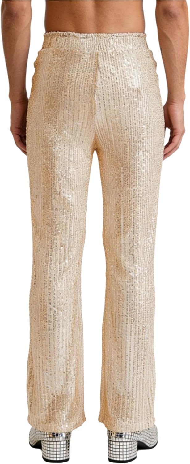 Freebily Mens Sequins Rave Outfits Long Pants Elastic High Waistband Loose Glittery Pants for Party
