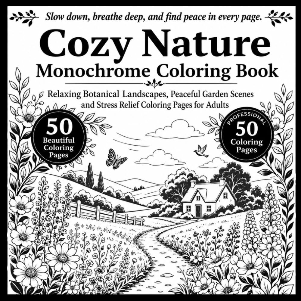 Cozy Nature Monochrome Coloring Book: Relaxing Botanical Landscapes, Peaceful Garden Scenes and Stress Relief Coloring Pages for Adults