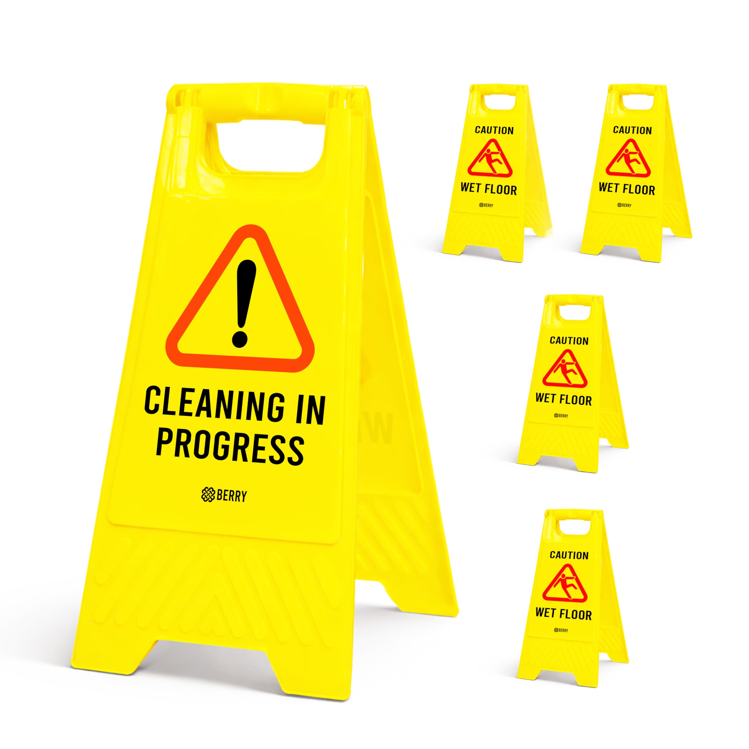 Berry Caution Wet Floor Sign Yellow | Cleaning in Progress Floor Sign Type A Foldable | 2 in 1 Double-Sided Free Standing Slippery Warning Sign for Shops, Hotels, Restaurants & Malls - Set of 5
