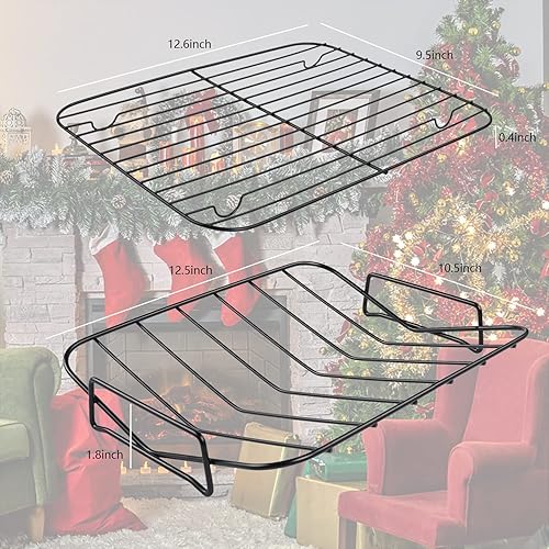 Miniatura 10 de Sartén antiadherente con estante, asador de pavo de 16.5 x 11 x 2 pulgadas para pavo, pollo, carne y verduras, lasaña (gris)