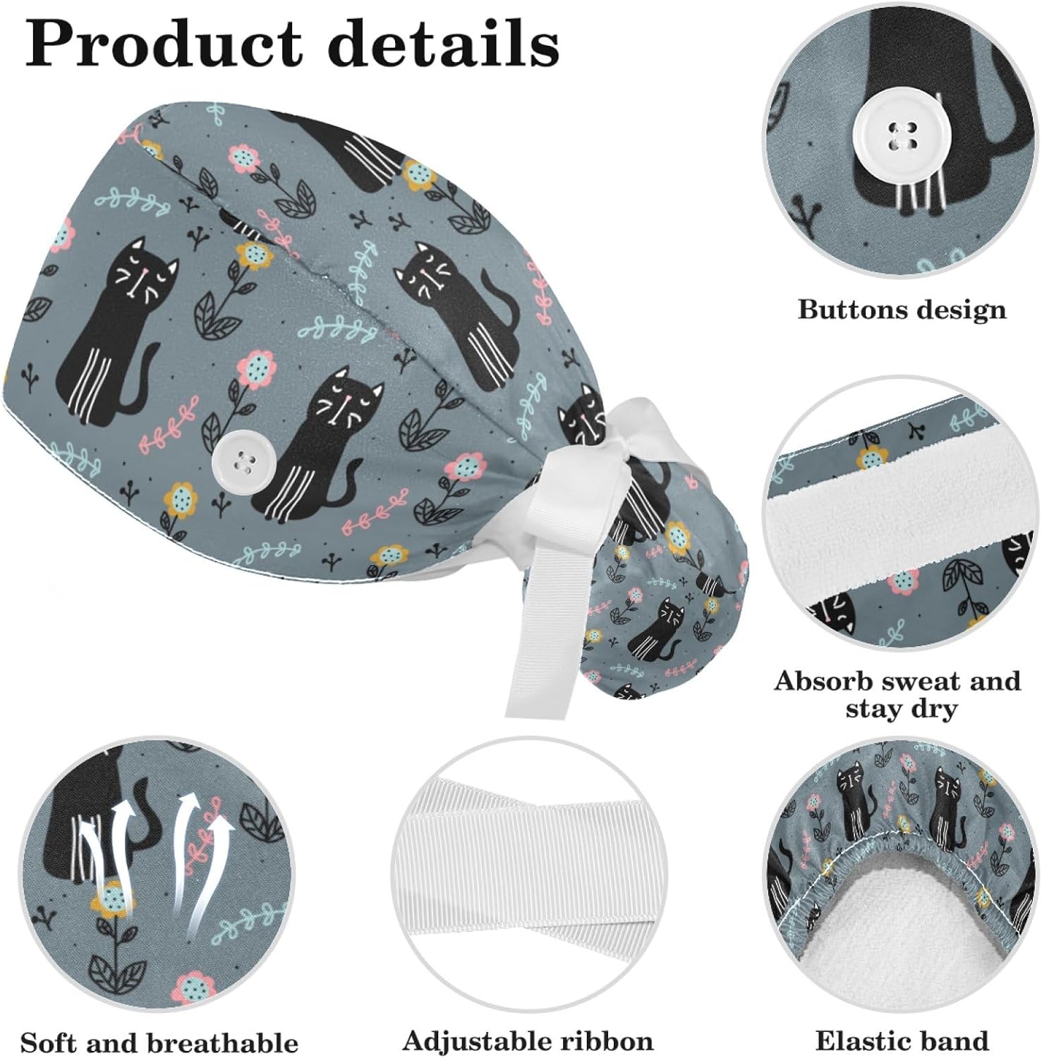 Black Cat Flower Scrub Caps Women with Buttons Sweatband and Hairband Surgical Caps for Long Hair Women