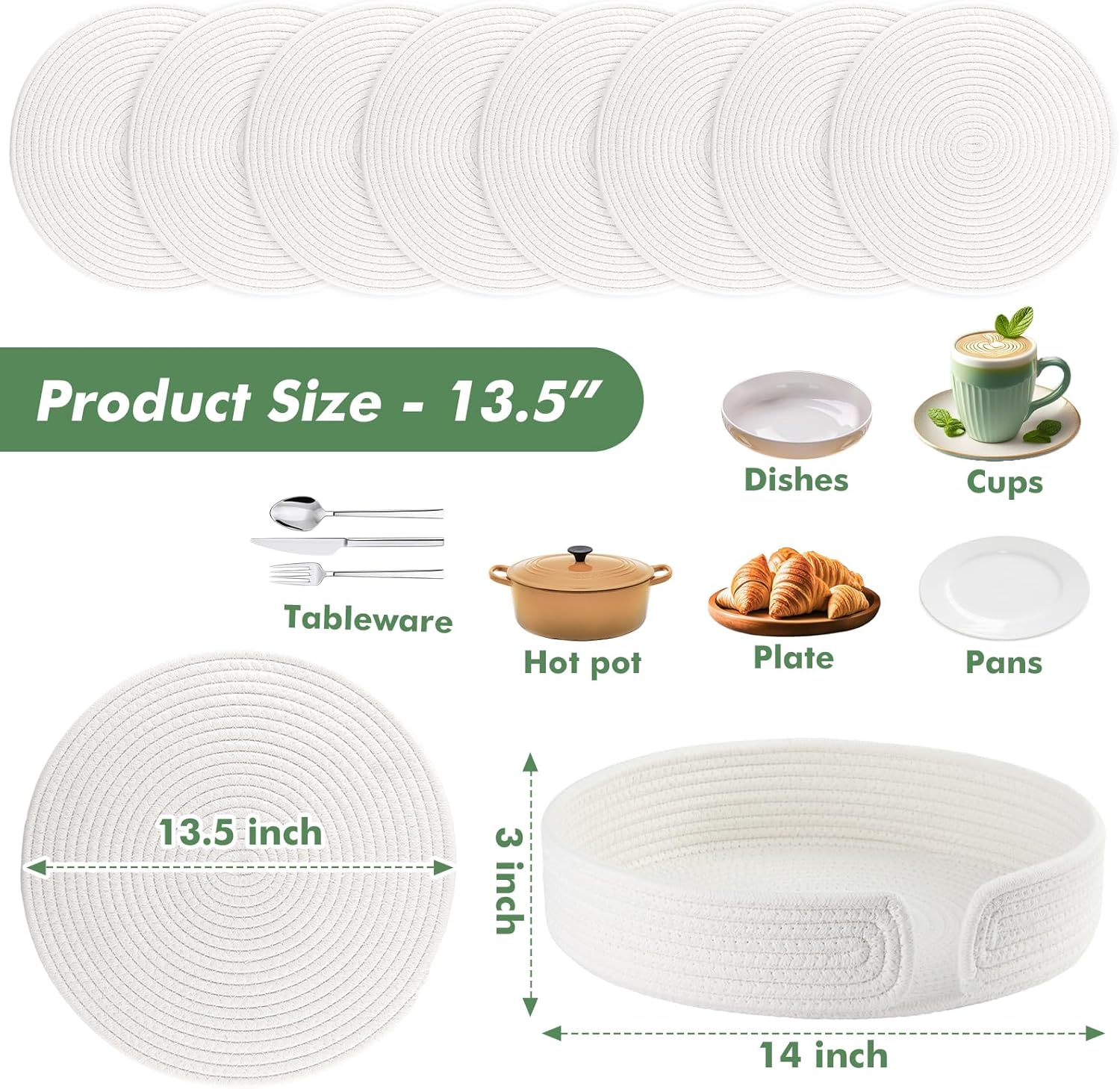 Round Woven Placemats Set of 8 with Holder Heat Resistant Placemats 13.5 Inches Farmhouse Cotton Rope Place Mats for Dining Tables Trivets for Hot Dishes, Beige