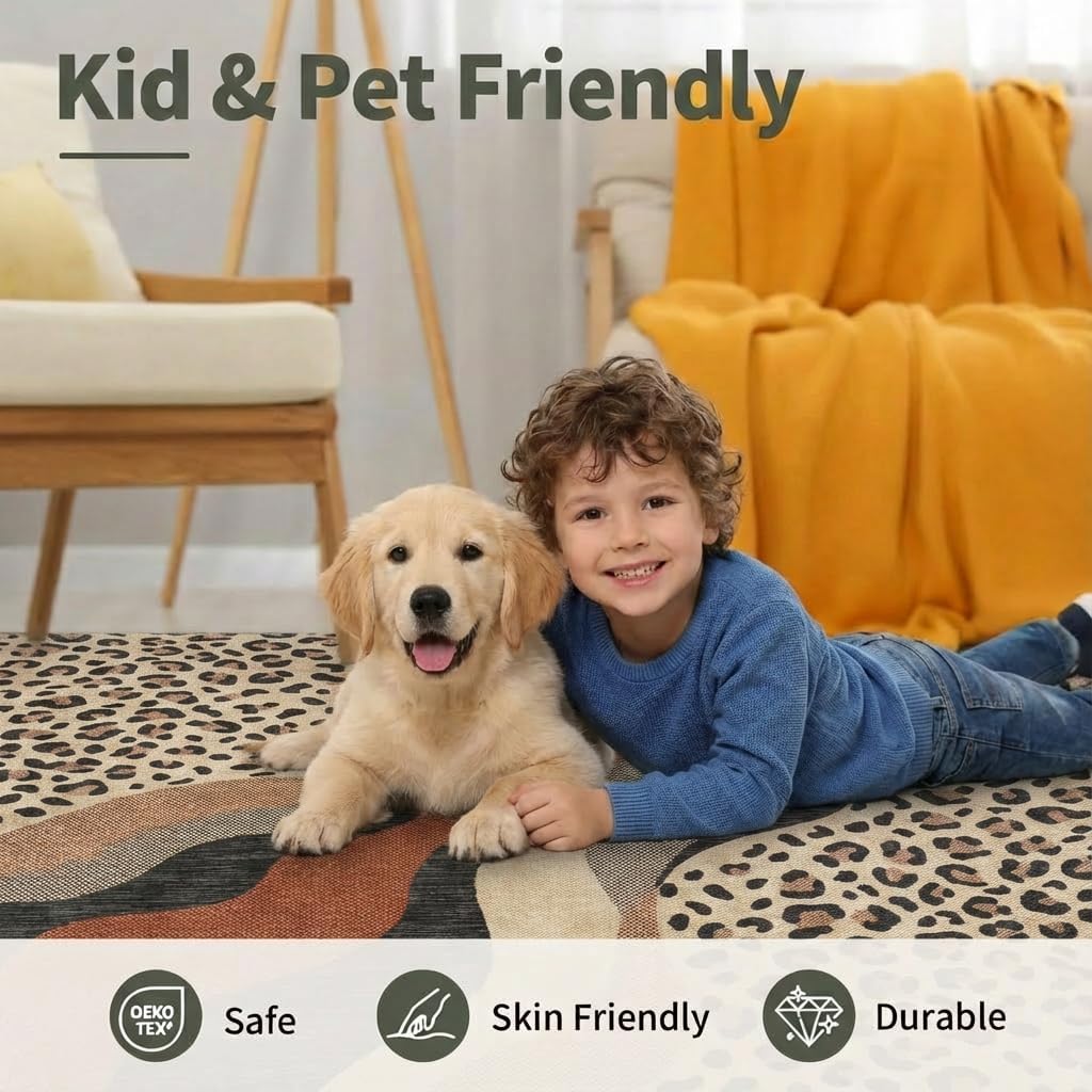 3x5 Area Rug Leopard Print Abstract Wave Rug with Non Slip Backing, Washable Low Pile Brown Beige Carpet for Entryway, Bedroom, Kids Room, Small Living Space