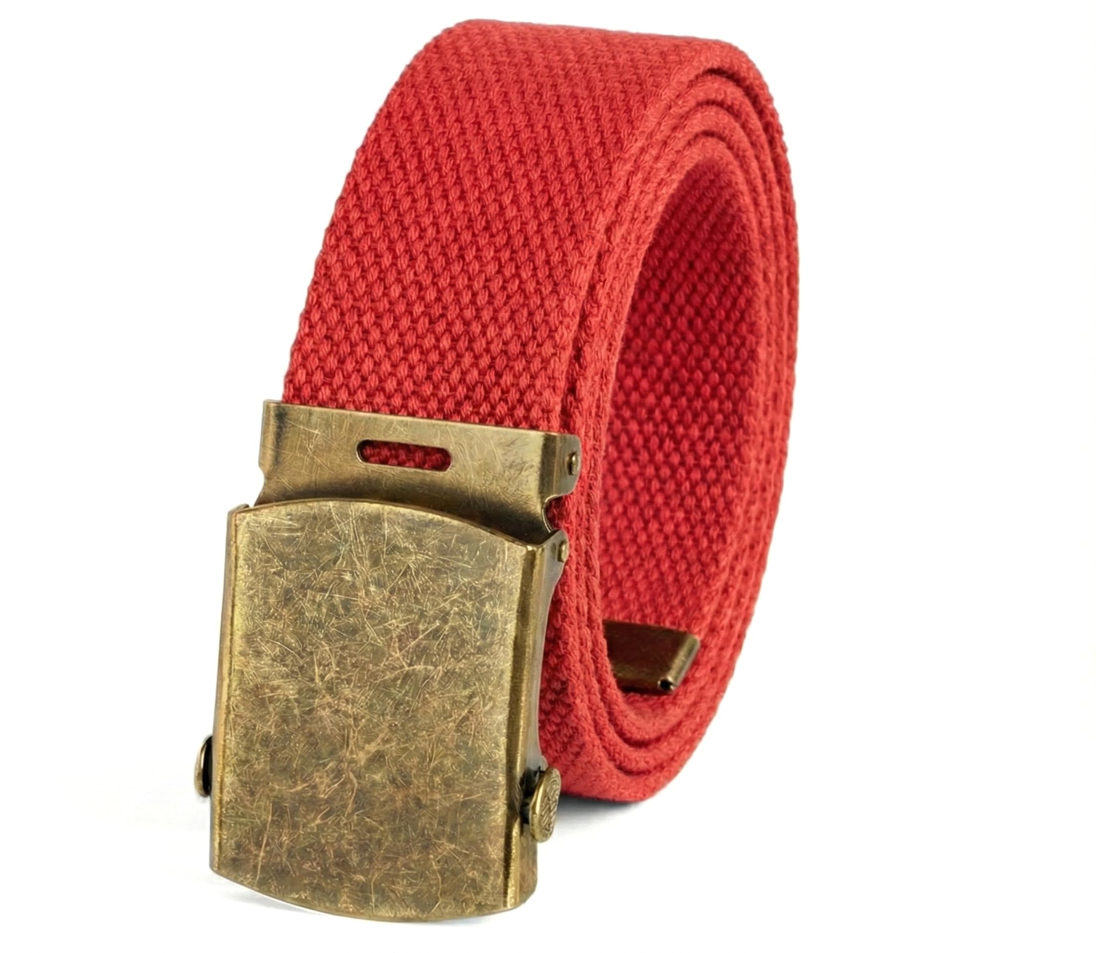 BC Belts Canvas Web Belt Military Style with Antique Brass Buckle and Tip 54" Long - Adjustable Cut To Fit for Men, Red, One size
