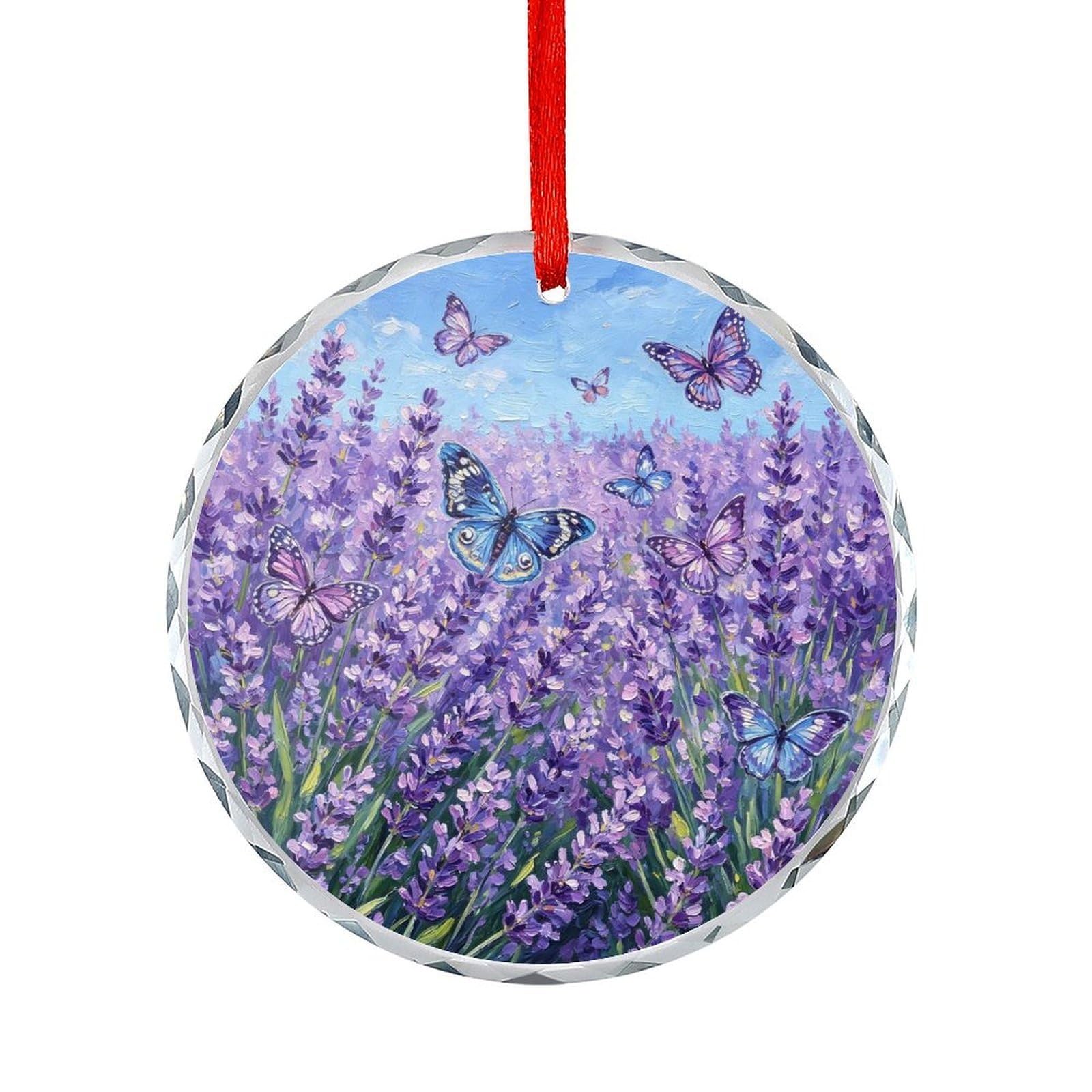 Btcowzrv Style Lavender Field With Butterflies Round Ornament Hanging Pendant Decor