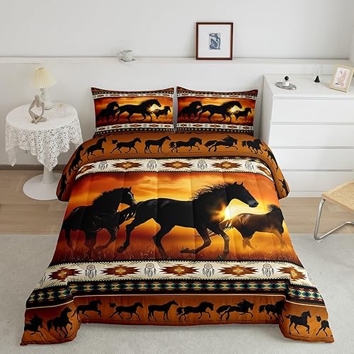Juego de edredón azteca marrón, juego de ropa de cama con estampado de caballo tribal africano, funda de edredón de animales de granja, colcha de