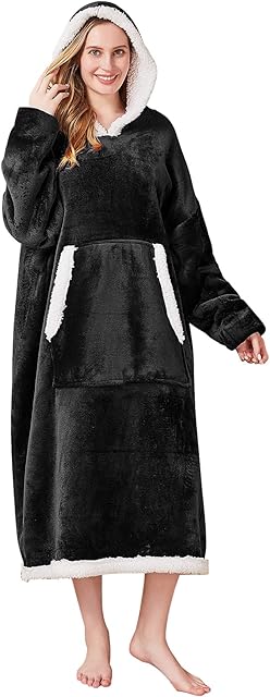 Hoodie Blanket Women Black, Wearable Blanket Hoodie, Sherpa Fleece Hooded Blanket Oversized for Men, Warm Comfy Sweater Blanket, Gift for Her, Presents for Women