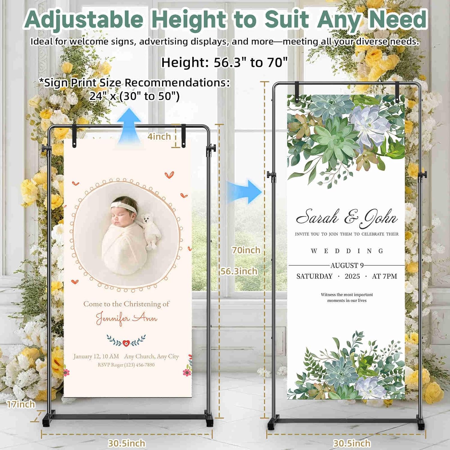 Wedding Welcome Sign stand, Welcome to Our Wedding Sign Holder with Leather Sign Hanging Staps, Adjustable Metal Banner Poster Easel Stand for Entrance Sign Display