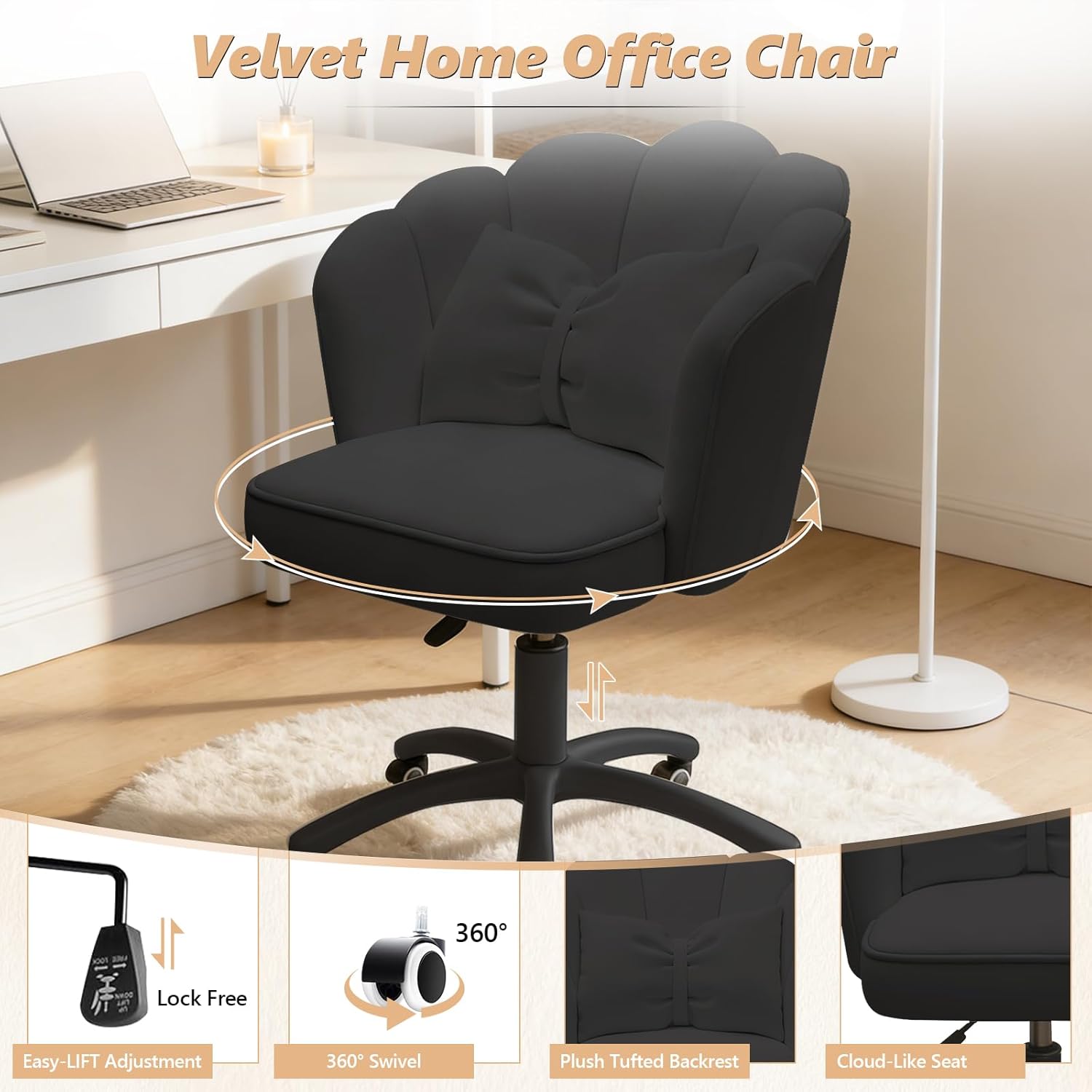 Home Office Desk Chair Swivel Rolling Vanity Chair with Silent Wheels and Comfortable Back, Adjustable Height Upholstered Computer Task Chair for Makeup, Bedroom
