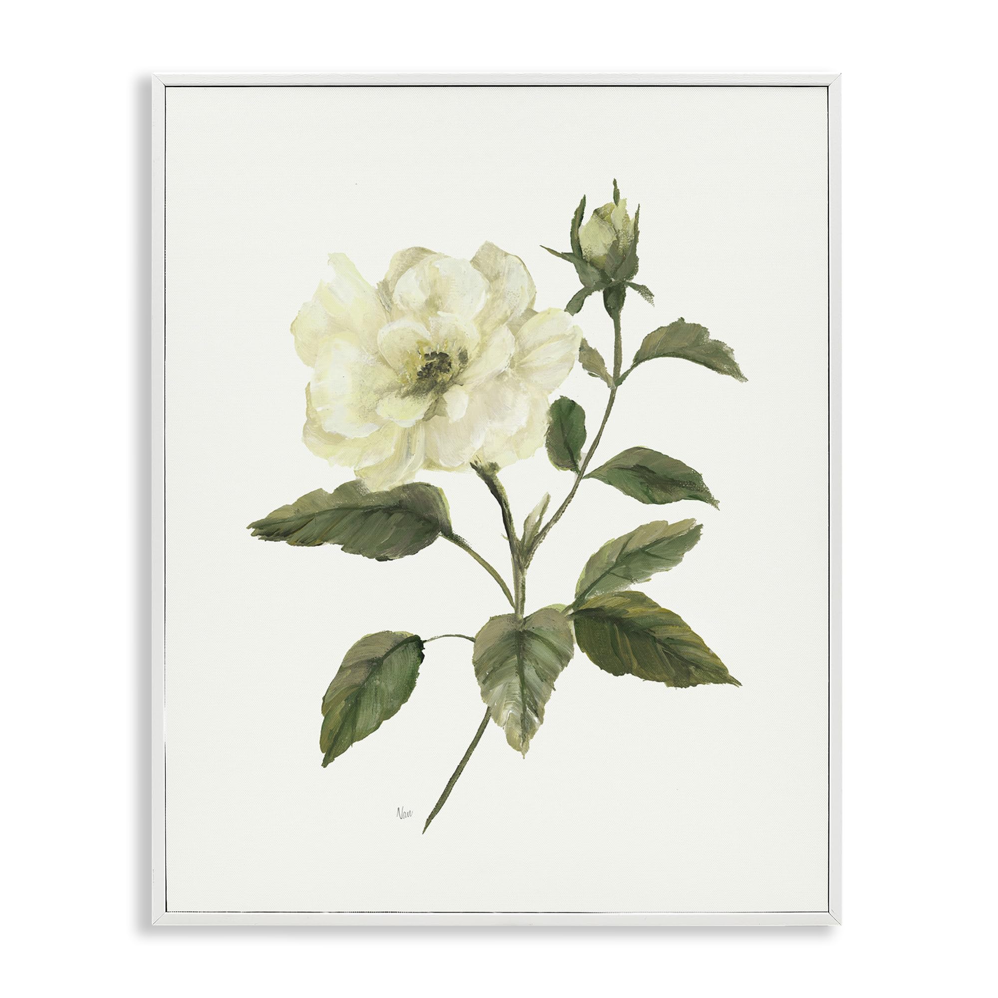 Stupell Industries 'Ivory Rose Bloom With Green Foliage', Framed Giclee Art, White, 16 x 20 Inches, Easy to Hang and Sturdy, Made in USA, by Nan