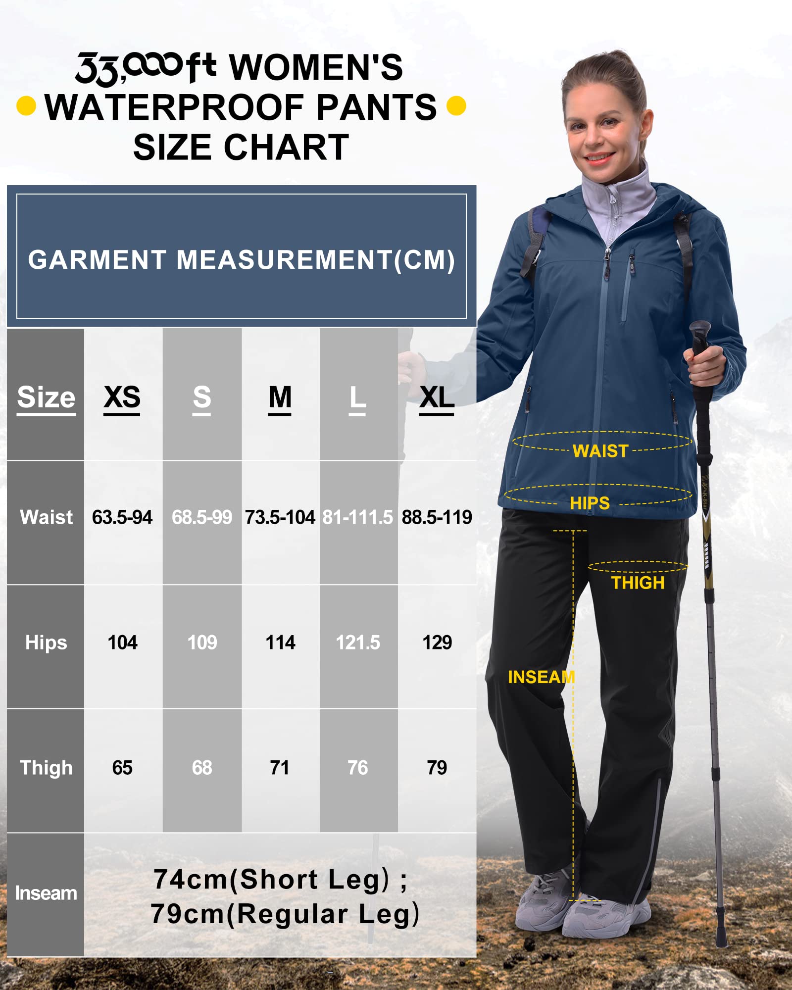 33,000ft Regenhose Damen Wasserdicht Atmungsaktiv Wanderhose Fahrrad Überziehhose Leichte Winddicht Outdoorhose