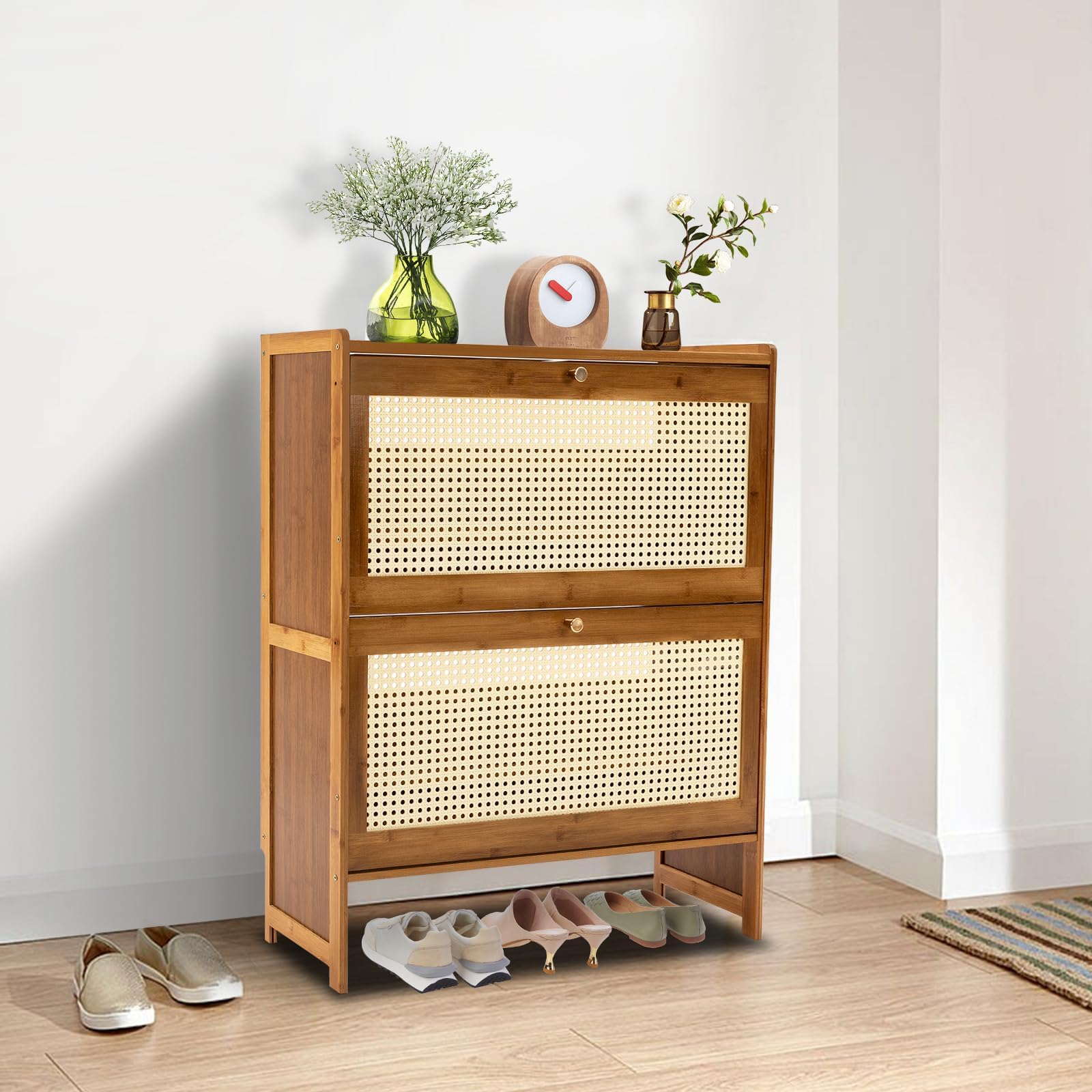 Natural Rattan Shoe Cabinet, Shoe Cabinet with 2 Flip Drawers, Free Standing Shoe Racks, Shoe Cabinet for Entryway Hallway Closet Bedroom (Tea Color, 27.5 * 9.4 * 34.2in)