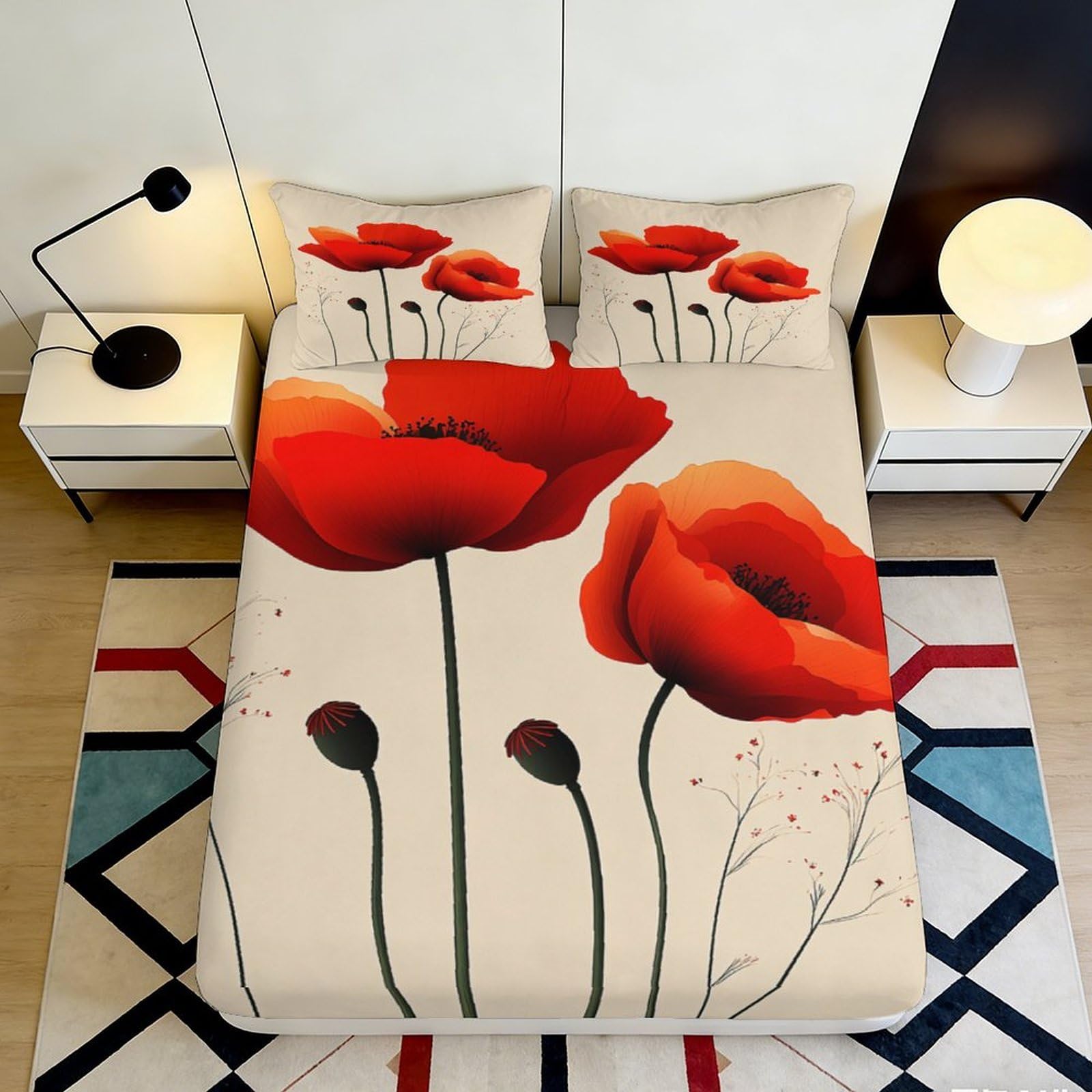 3D Printed Red Poppy Flower Fitted Sheet Microfiber Soft Bed Cover for Bedroom Dorm Mattress Protection Art Decor 140x200x25cm
