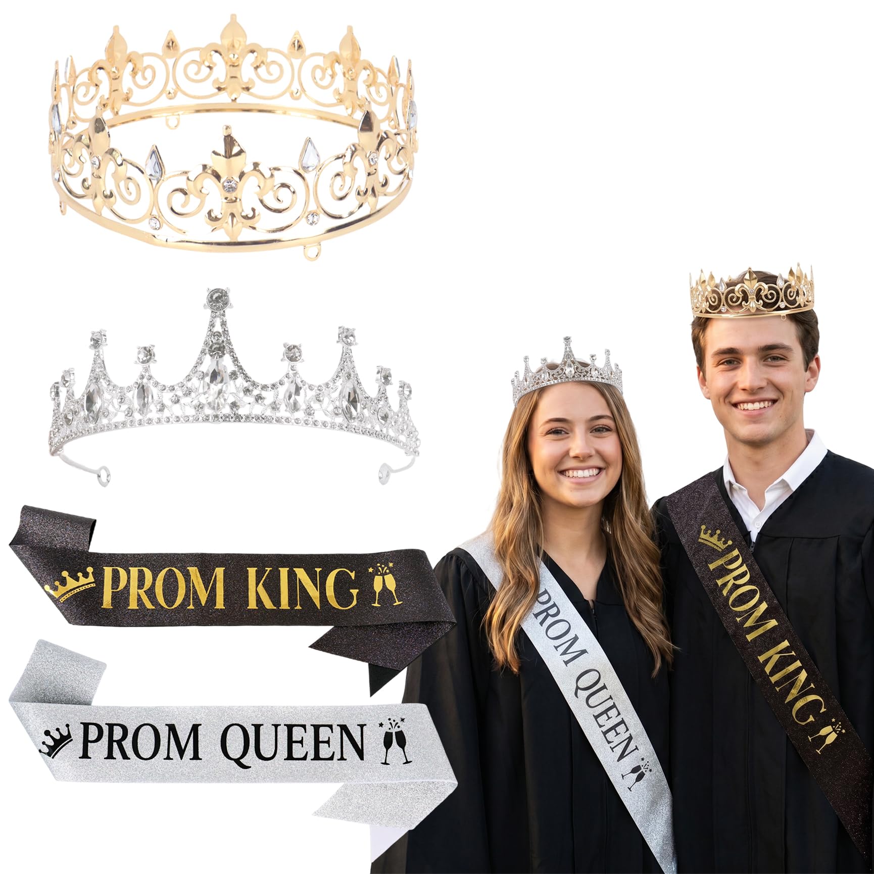 4Pcs Prom Crown and Sash Set, Glitter Prom King and Queen Crowns with King & Queen Sash Accessories for 2026 Graduation Prom Party