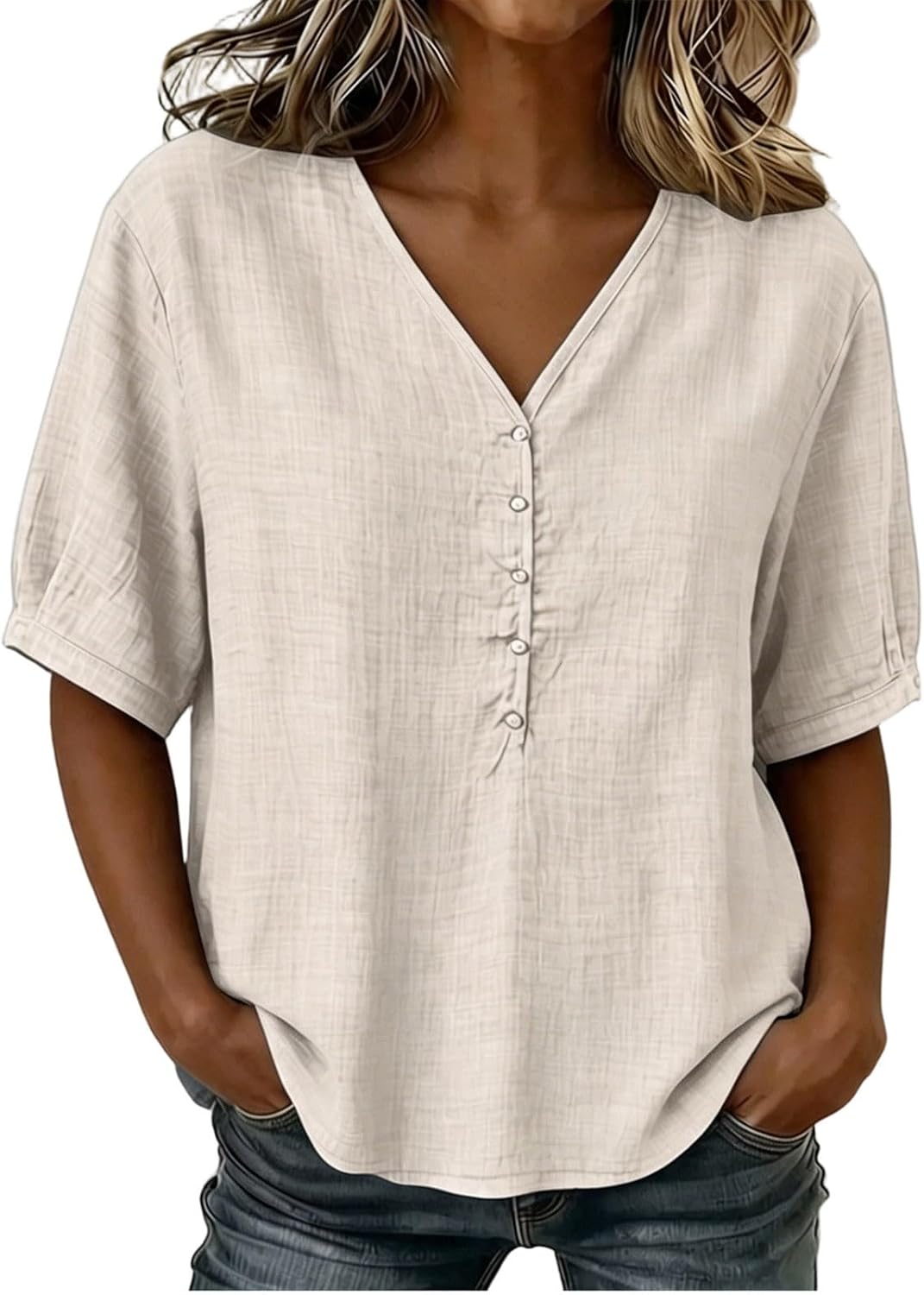 Women's V Neck T Shirts Casual Button Down Short Sleeve Tunic Tops Loose Fit Solid Color Summer Vacation Tees