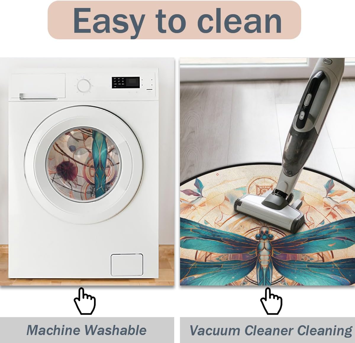 Classical Dragonfly 36.2inch Round Indoor Rug, Washable Anti Slip, Room Decor Circle Carpet for Bedroom Living Room Pad