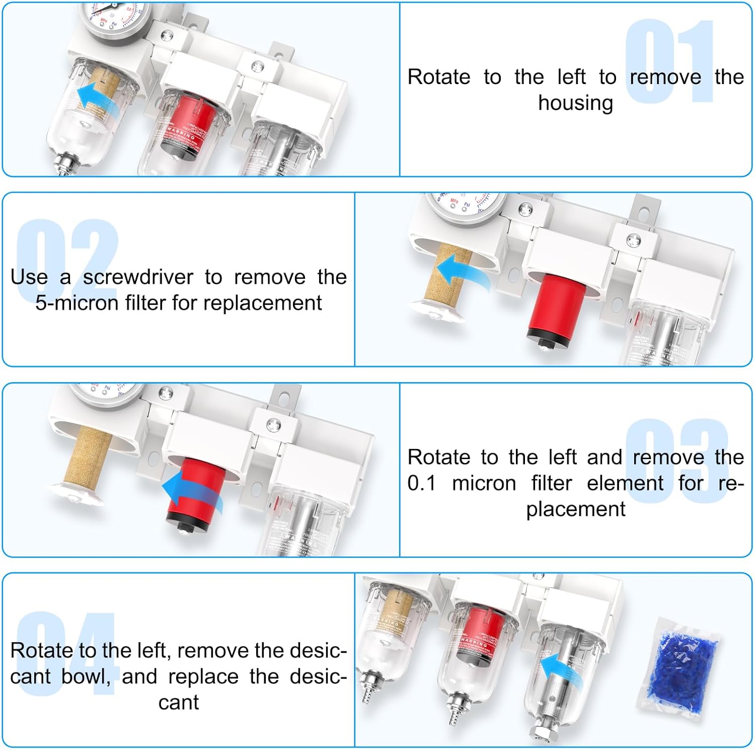 1/4" NPT 3 Stage Aluminium Air Drying System with 150PSI Gauge, Coalescing Filter, Particulate Filter, Desiccant Dryer and Air Regulator, Manual Drain For Plasma Cutter and Paint Spray