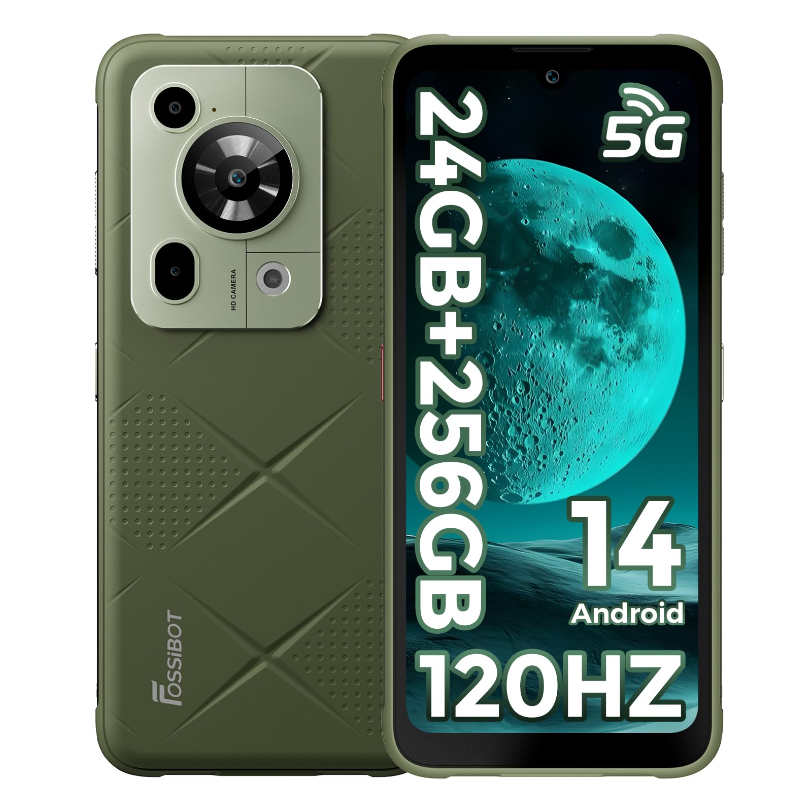 FOSSIBOT F112 Pro 5G Rugged Smartphone Unlocked, 256GB+24GB RAM (Expandable to 1TB), Android 14,6.88" FHD+ Display, 50MP+16MP Camera, IP68/IP69K Military Grade, NFC, Dual SIM Green