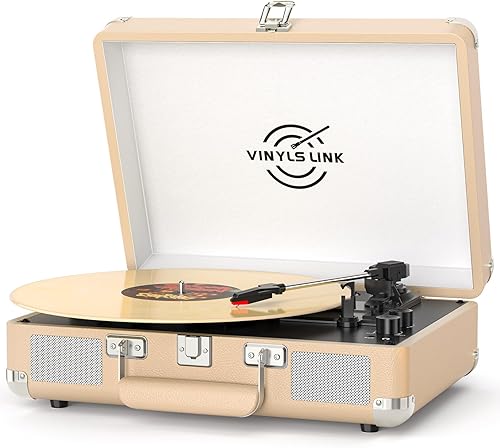 VINYLSLINK - Tocadiscos de vinilo Bluetooth con ajuste de agudos y graves, maleta giratoria portátil vintage con altavoces integrados, transmisión