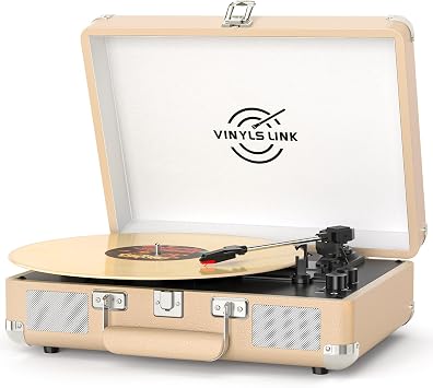 VINYLSLINK Bluetooth Vinyl Record Player with Treble & Bass Adjustment, Vintage Portable Turntable Suitcase with Built-in Speakers, 3-Speed Belt Drive 33/45/78 RPM, Auto Stop, RCA/AUX/Headphone Jack