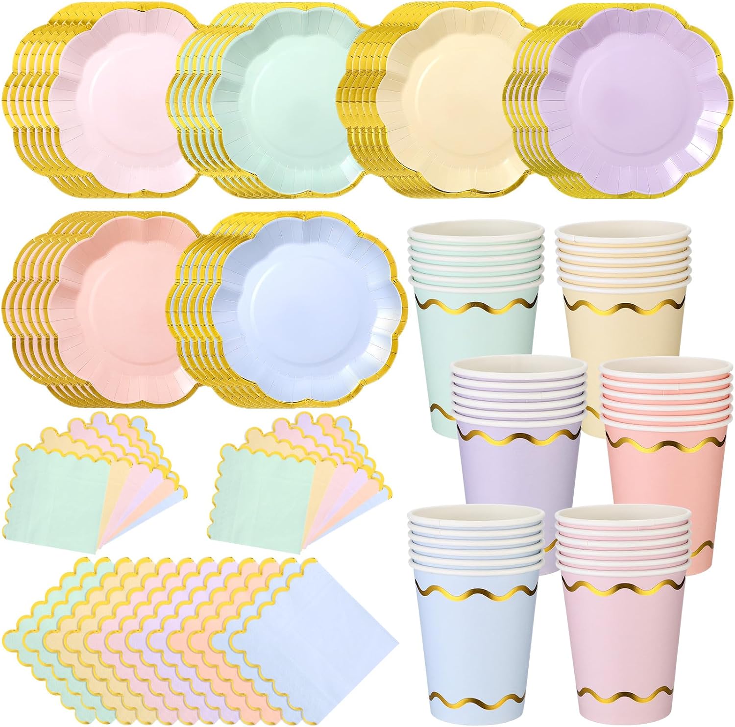 Yungyan 216 Pcs 72 Guests Pastel Paper Plates and Napkins 9 oz Party Cups 6" Scalloped Pastel Dessert Plates Colorful Stripe Disposable Tableware Set for Birthday Ice Cream Carnival Party Supplies