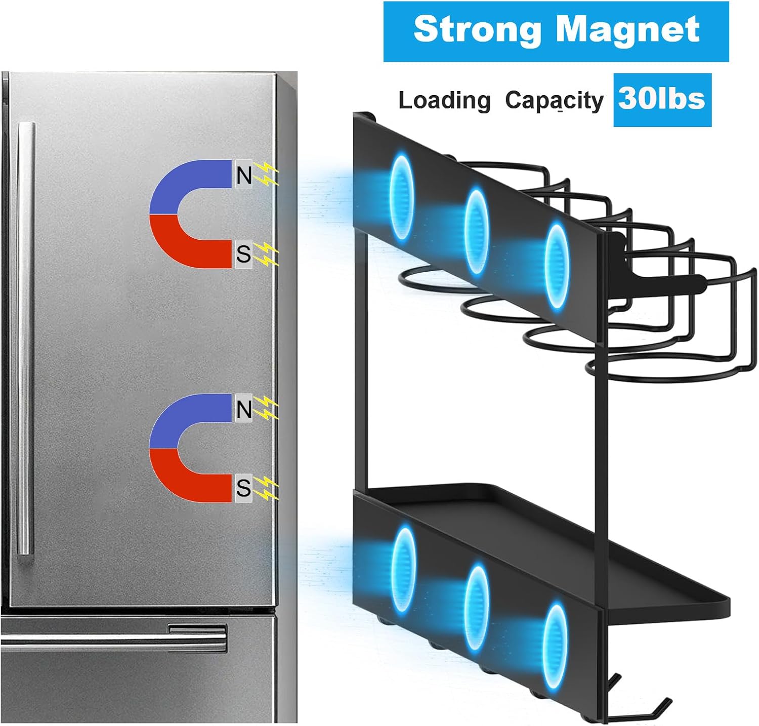 2-In-1 Magnetic Water Bottle Organizer For Stanley 30&40 Oz Fridge Tumbler Organizer With 5 Hooks Adhesive Strips Cup Holder For Kitchen Cabinet (Black, 4 Slots)