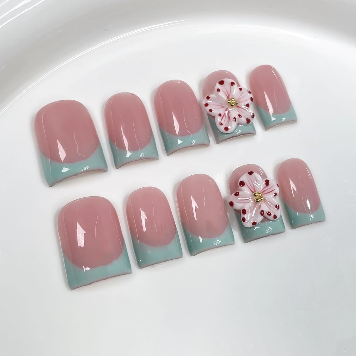 3D Flower Press on Nails - Handmade Luxury Green French Tip