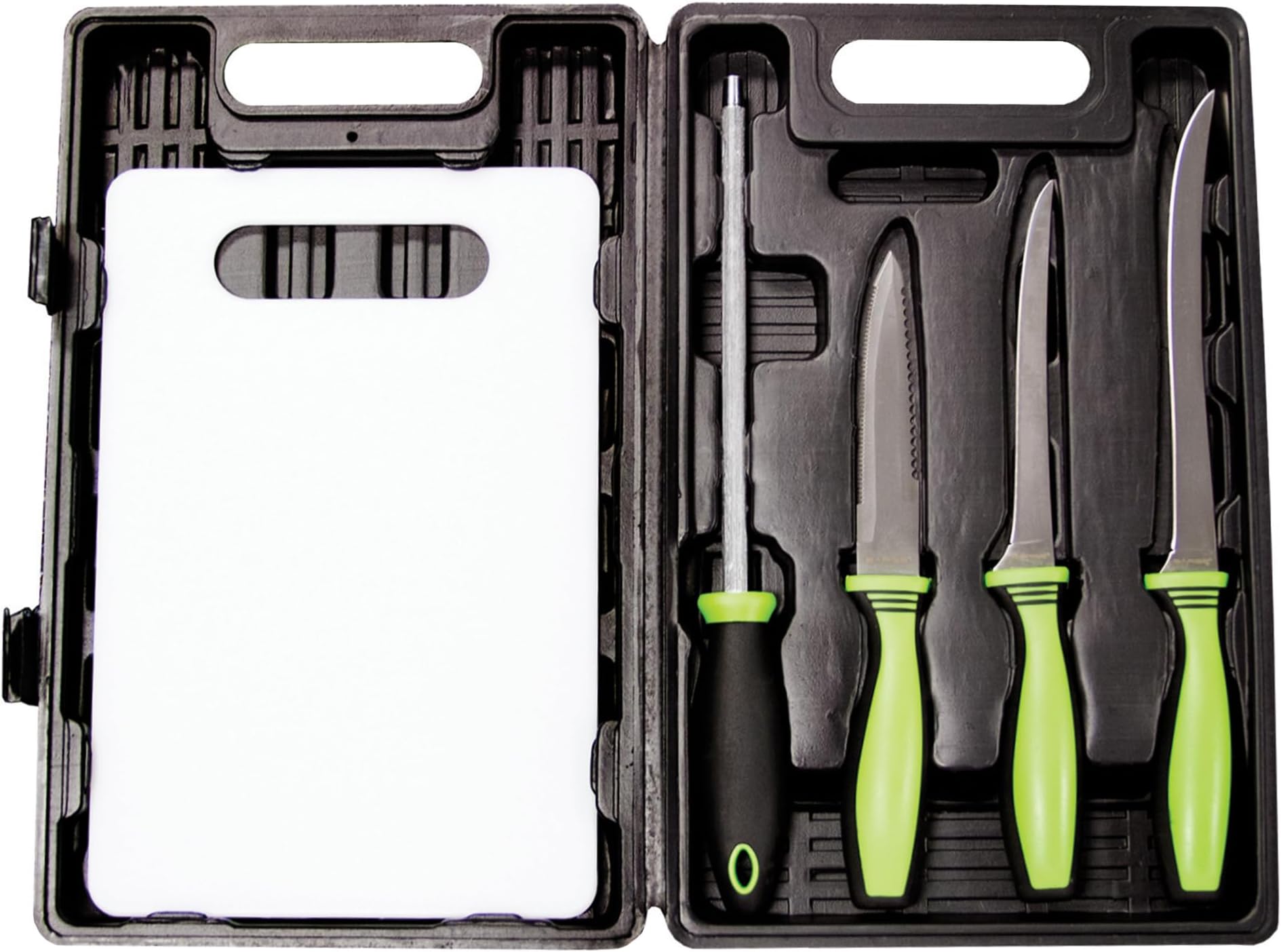 Sarge Angler's Edge 5-Piece Fillet Knife Fishing Set, 440 Stainless Steel | 440 stainless steel, rubber grip, cutting board, storage case, fishing, filleting, boating, camping, SK-130