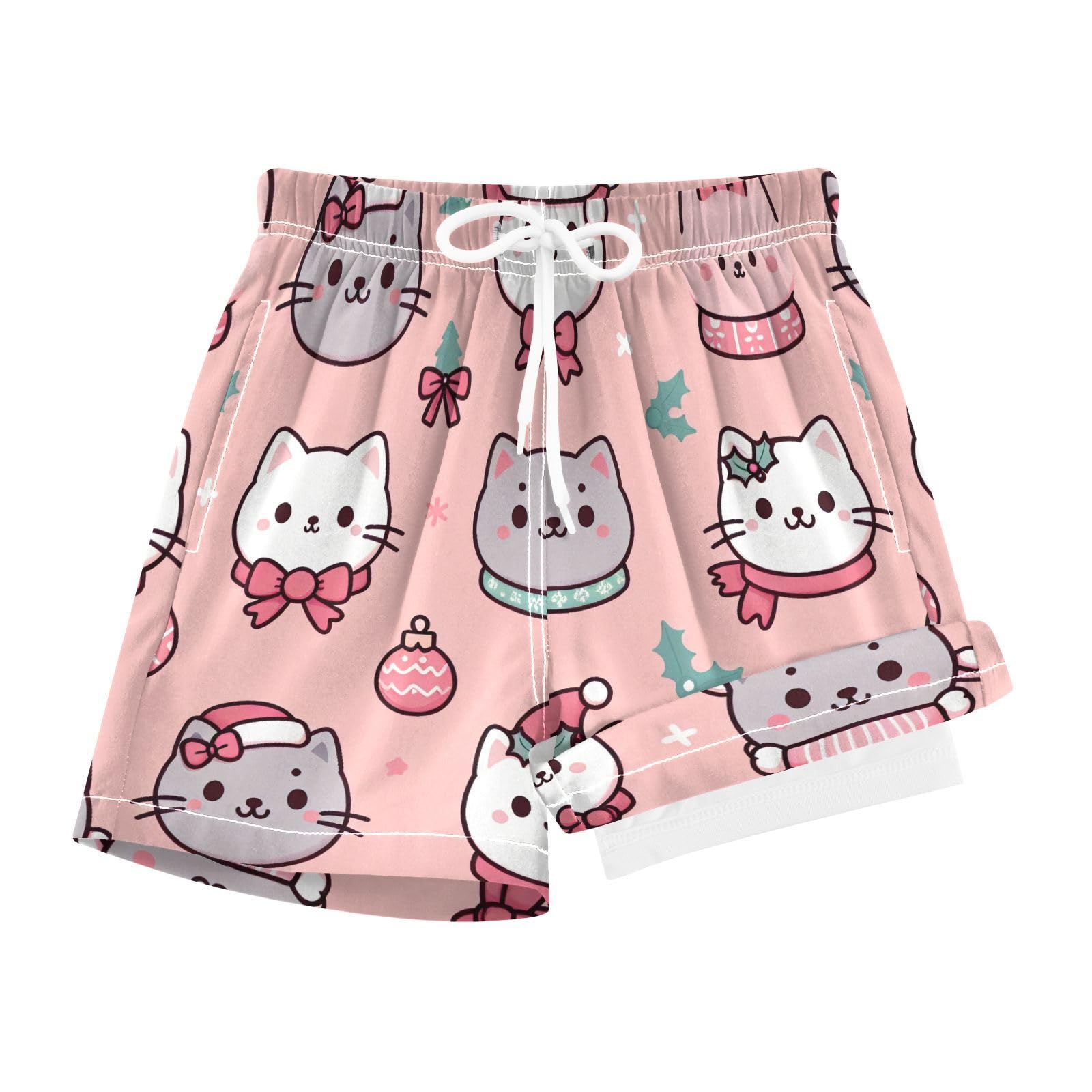 YANENDIE Boy Swim Trunks with Compression Liner Pastel Christmas Cats Boys Swim Shorts Quick Dry Beach Shorts